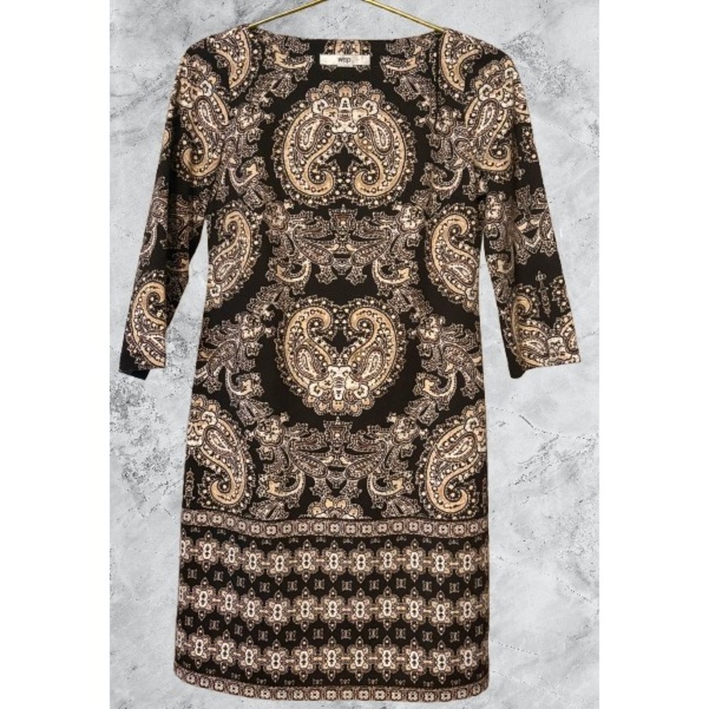 Wisp Womens Brown Tan Paisley Print Sheath Dress 3/4 Sleeve Size 4